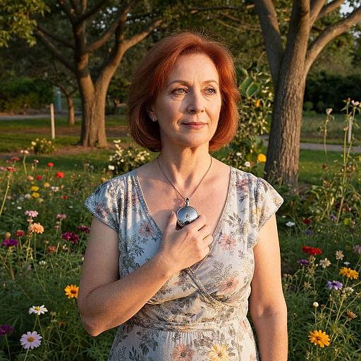 Photograph of a middle-aged woman with red hair, wearing a floral dress, holding a heart-shaped pendant, standing in a colorful garden with trees.