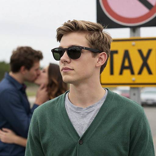 Young man with sunglasses standing near taxi sign