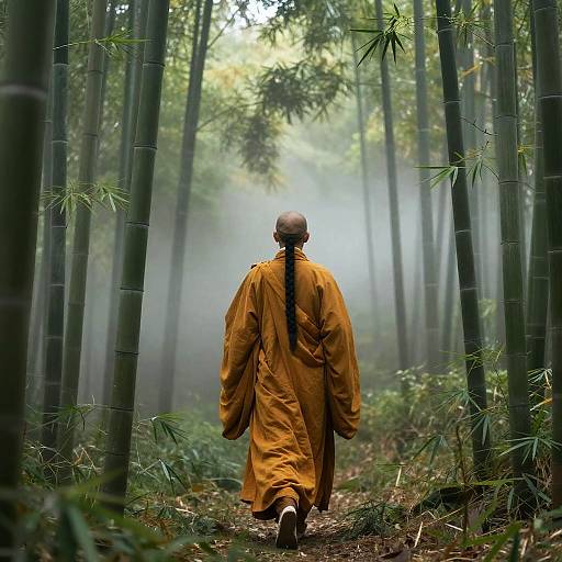 Monk in Misty Bamboo Forest