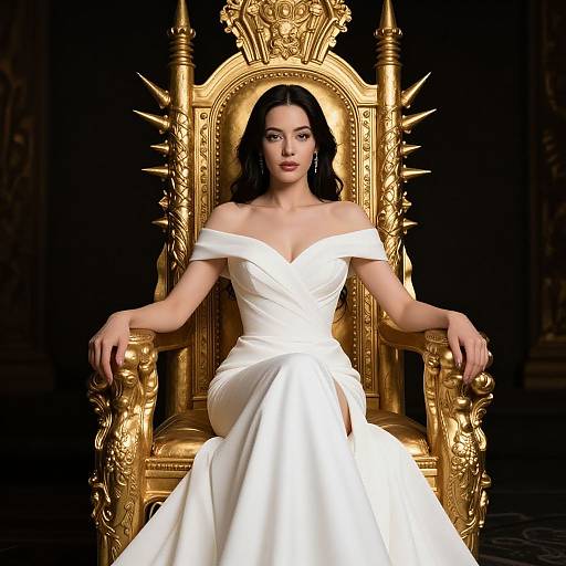 A photograph of an Asian woman with long black hair, wearing an off-shoulder white wedding dress, seated on an ornate, gold throne with
