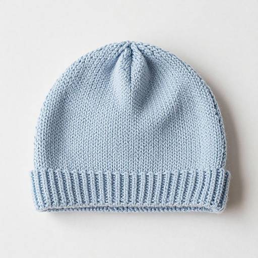 Photograph of a light blue, knitted beanie with a ribbed edge, centered on a white background. Simple, minimalistic design.