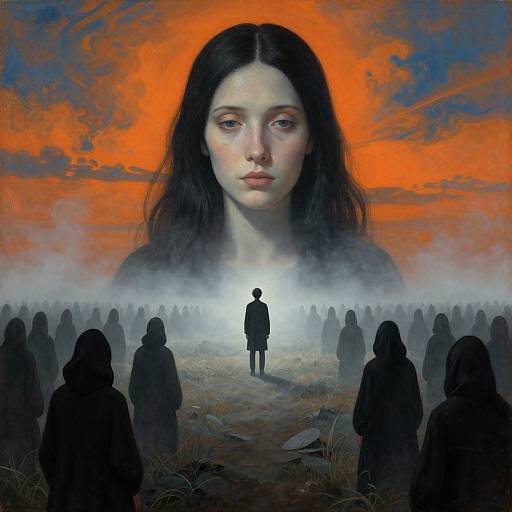 Digital painting of a solemn-faced woman with long black hair, larger-than-life in an orange sky, surrounded by shadowy figures, with a small figure