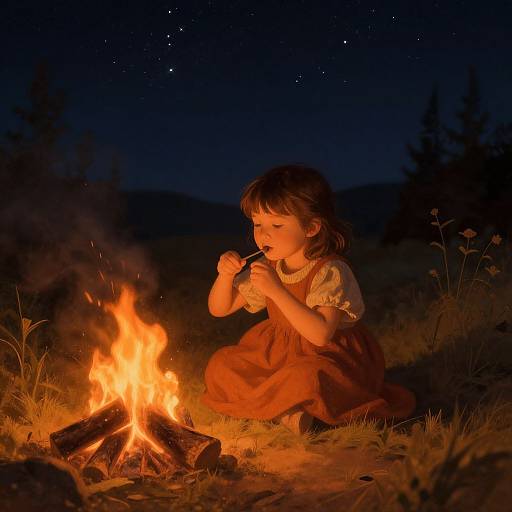 Cozy Child Singing by Campfire