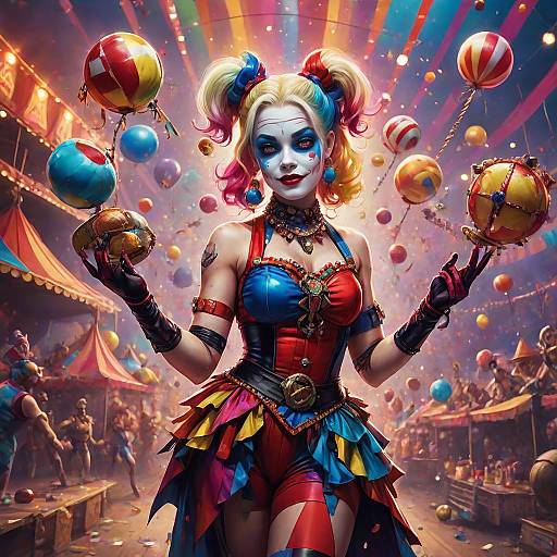 Digital artwork of Harley Quinn at a colorful carnival, juggling balls, wearing a red and blue latex costume, with twin pigtails, vibrant background