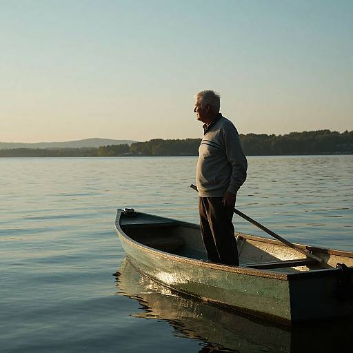 Elderly Man on Serene Sunset Lake