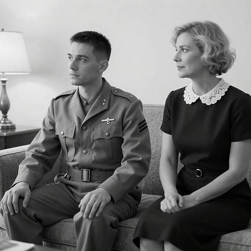 Black and White Portrait of Military Man and Woman Sitting on Couch