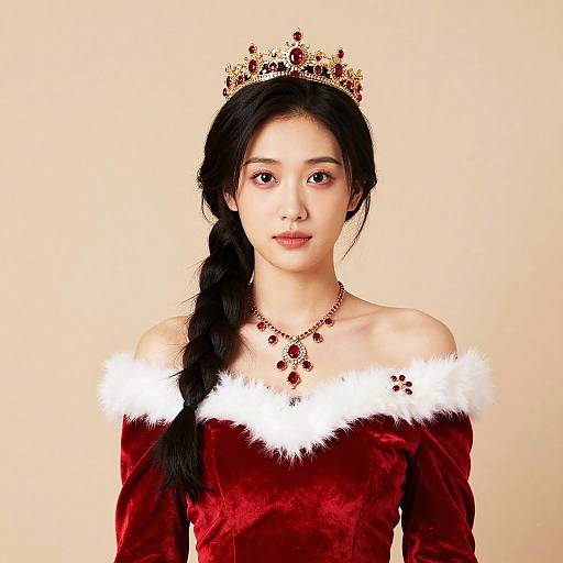 Photograph of an Asian woman with long black hair in a braid, wearing a red velvet off-shoulder dress with white fur trim, red