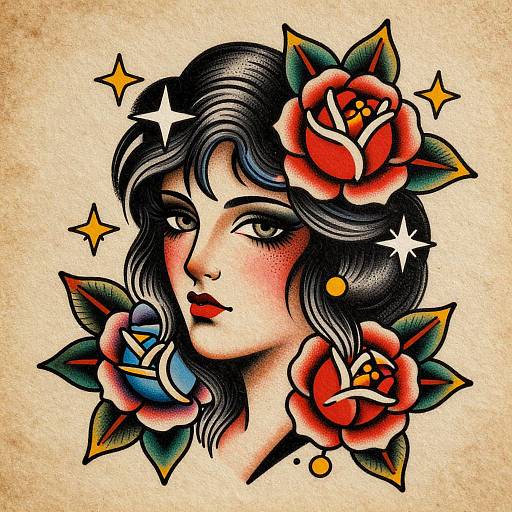 Colorful tattoo-style illustration of a woman with wavy black hair, red roses, blue and yellow flowers, and sparkling accents on a beige background.