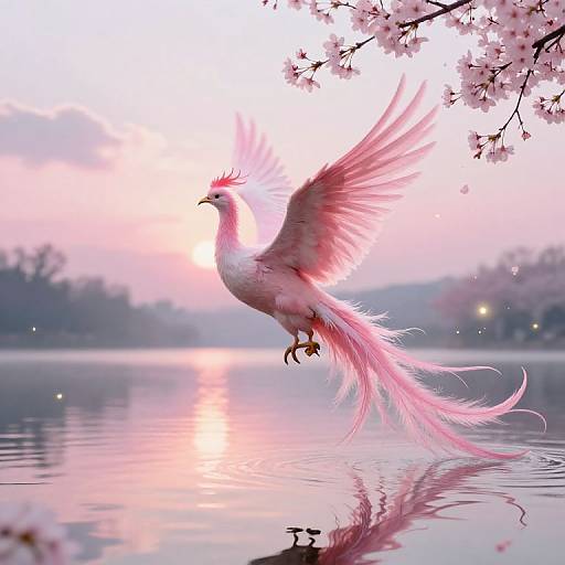 Digital artwork of a pink phoenix with outstretched wings, flying over a serene pink-hued lake, reflected in the water, surrounded by cherry bloss