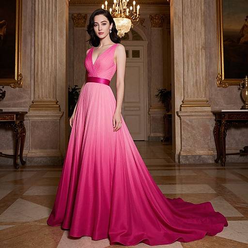 Photograph of a fair-skinned woman with dark hair in a pink, V-neck, floor-length gown with a flowing skirt, standing in an op