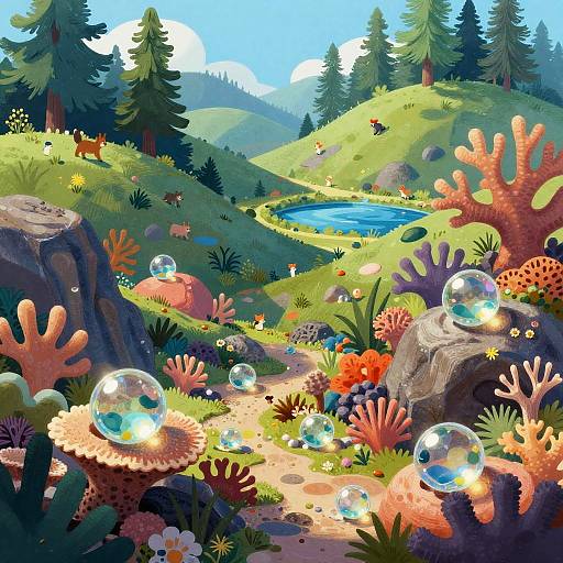 Vibrant digital painting of a colorful, coral-filled forest meadow with sparkling bubbles, a small pond, and a distant mountain range.
