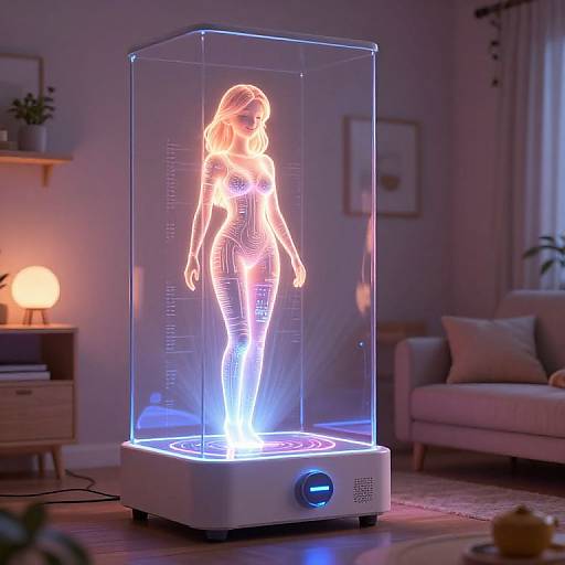 Photograph of a glowing, neon-lit, wireframe woman silhouette in a transparent cube, illuminated in blue and purple, set in a cozy,