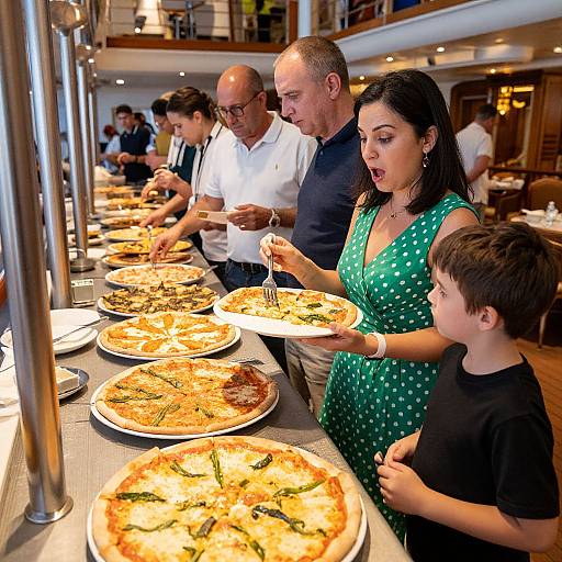 Photograph of a family at a buffet table, mother in green polka-dot dress, son in black shirt, choosing pizzas, surrounded by other din