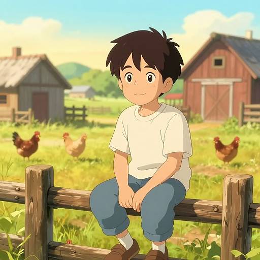 Anime-style drawing of a young boy with black hair, wearing a white shirt and blue pants, sitting on a wooden fence in a sunny, grassy