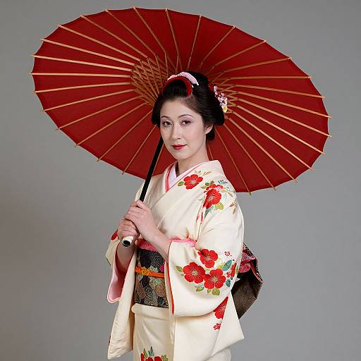 Photograph of an Asian woman in a white floral kimono holding a red paper umbrella, with a grey background, smiling gently.