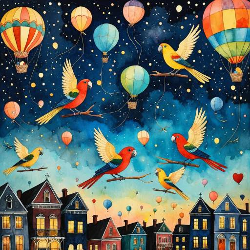 Whimsical Parrots in Magical Balloon Nests Whimsical Parrots in Magical Balloon Nests