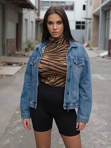 Photograph of a confident woman with straight brown hair, wearing a blue denim jacket over a tiger-print turtleneck and black shorts, standing in an