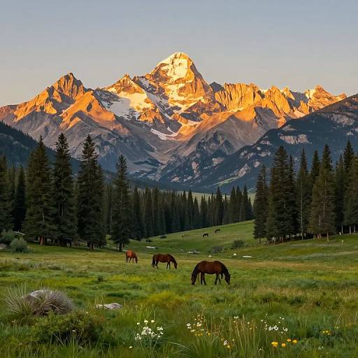 Photograph of a sunlit mountain range with golden peaks, evergreen forest, and grazing horses in a green meadow filled with wildflowers.