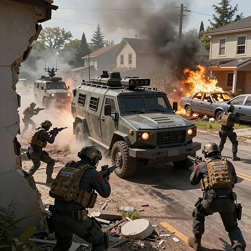 Armored Convoy in Urban Combat Zone