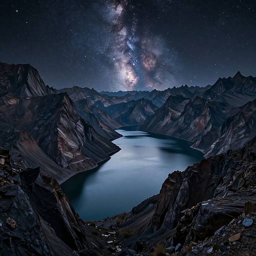 Photograph of a dark, mountainous landscape at night, featuring a serene, reflective lake under a star-filled sky with the Milky Way prominently visible.