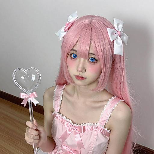 Young Woman with Pink Wig and Heart Wand