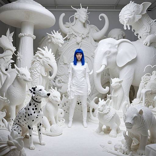 Photograph of a woman with blue hair standing in front of a white, intricately carved fantasy scene featuring mythological creatures, mushrooms, and a D