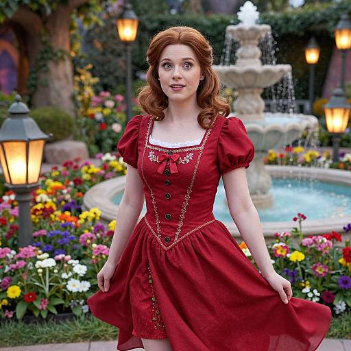 CGI image of a fair-skinned, red-haired woman in a red, puffed-sleeve dress, standing in a vibrant, flower-filled