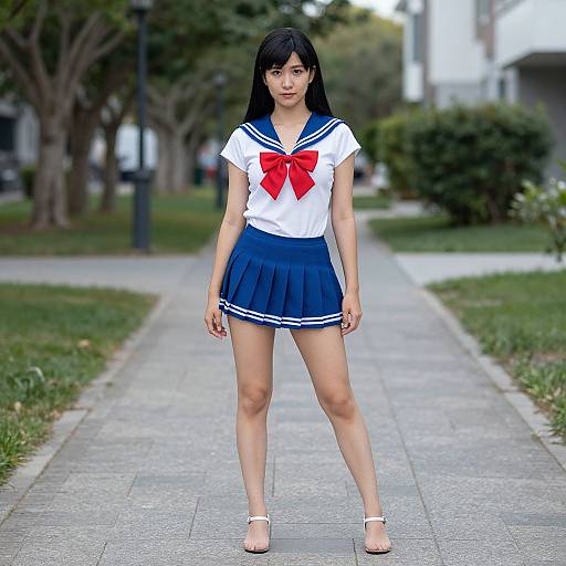 Digital artwork of an Asian girl with long black hair, wearing a blue and white Japanese school uniform, standing on a park path.