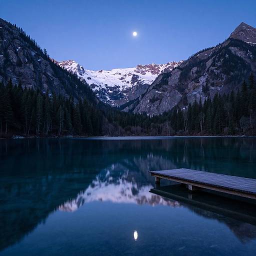 Photograph of a serene, snow-capped mountain lake at twilight with a wooden dock in the foreground, reflecting the full moon and clear blue sky.