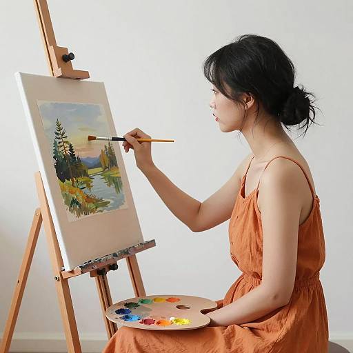 Woman Painting Landscape on Easel