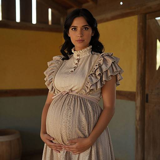 Pregnant woman with dark hair in a ruffled, beige Victorian dress stands in a rustic, wooden room, hands on belly. Photograph.