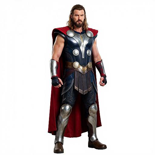Photograph of a muscular man with long brown hair and beard, wearing a silver armor chest plate, red cape, black pants, and silver gaunt