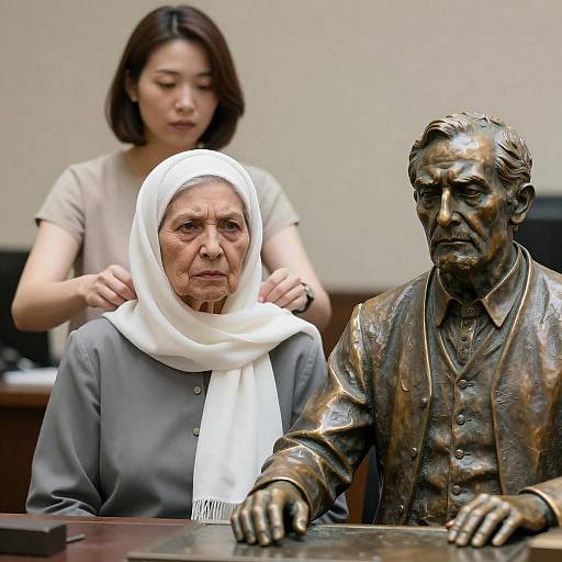 Elder Woman, Caregiver, and Bronze Statue