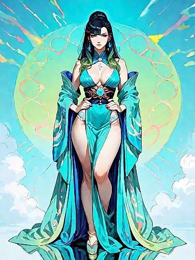 Elegant Dark Fantasy Woman in Emerald Silk Outfit