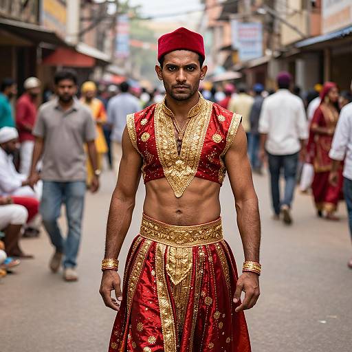 Photograph of a muscular South Asian man with medium skin tone, wearing a red and gold traditional outfit, red cap, and gold jewelry, walking confidently