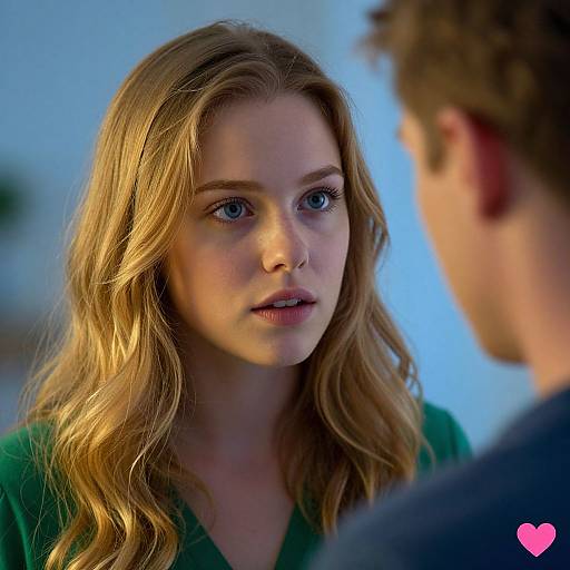 Photograph of a blonde woman with blue eyes, green top, and wavy hair, looking intently at a man with brown hair, against a