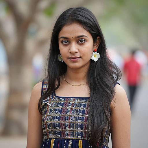 Photograph of a young Indian woman with long black hair, wearing a colorful, patterned dress, white flower earrings, and a small bindi on