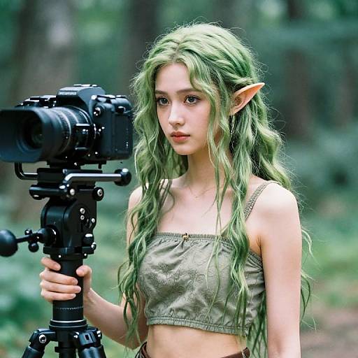 Photograph of a green-haired, elf-like woman with pointed ears, wearing a beige crop top, holding a DSLR camera on a tripod in a