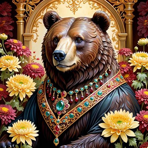 Regal Bear Among Blossoming Chrysanthemums