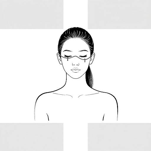 Black and white line drawing of a topless woman with long, slicked-back hair, closed eyes, and neutral expression, centered on a white background