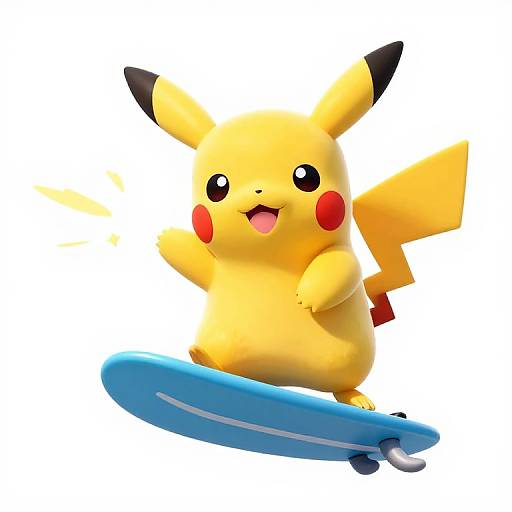 Digital illustration of Pikachu, a yellow, cartoon-style Pokémon with black-tipped ears and red cheeks, joyfully skateboarding on a blue skateboard against a