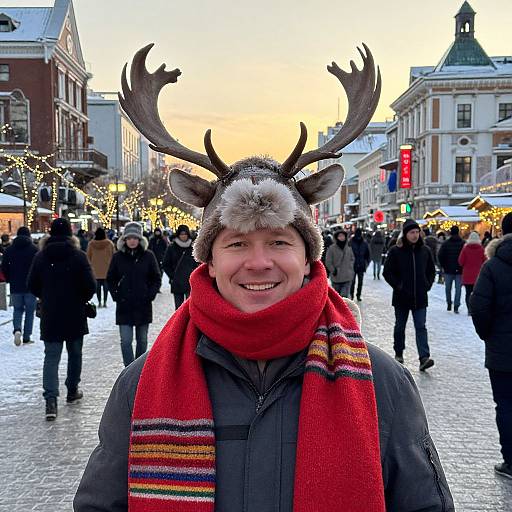 Photograph of a smiling man in a reindeer antler headband and red scarf, standing in a festive, snowy town square.