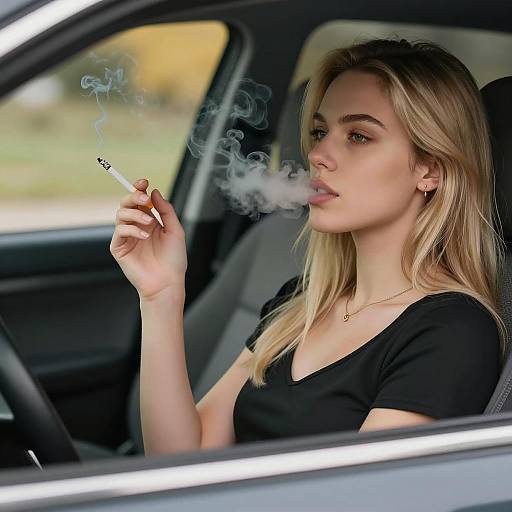 Blonde Woman Exhaling Smoke in Car