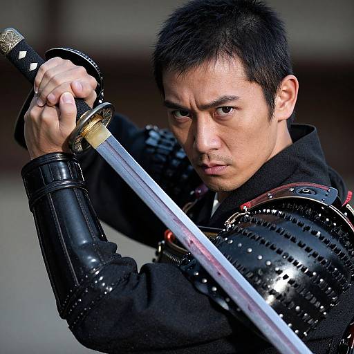 Photograph of a focused Asian male samurai with short black hair, holding a katana, wearing black armor with reflective plates, intense expression, indoor
