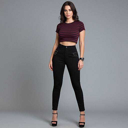 Photograph of a young woman with dark hair, wearing a maroon striped crop top, black high-waist jeans, black heels, and a