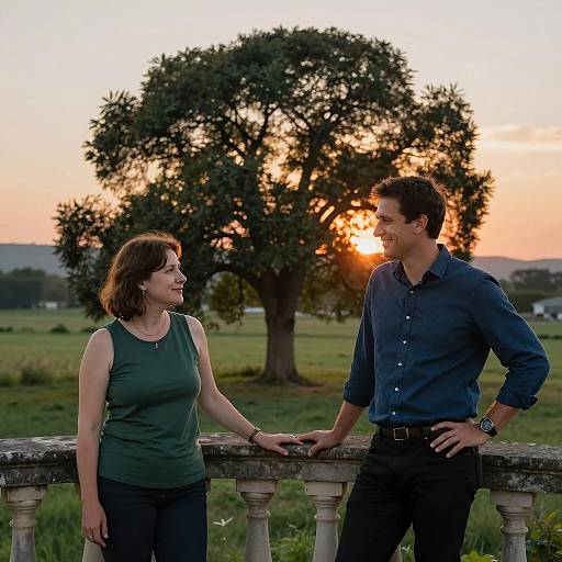 Couple on Stone Balcony at Sunset