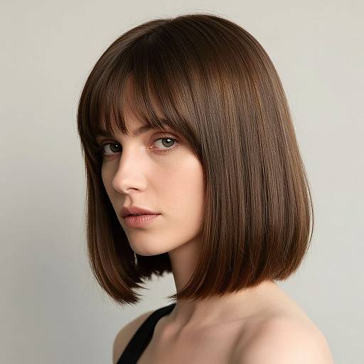 Photograph of a pale-skinned woman with straight, dark brown bob haircut, bangs, and subtle makeup, wearing a black top, against a