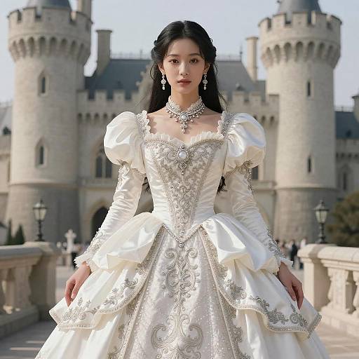 Woman in White Victorian Ball Gown by Castle