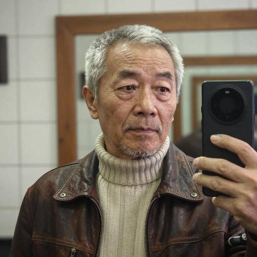 Weathered Elder in Vintage Barbershop Selfie