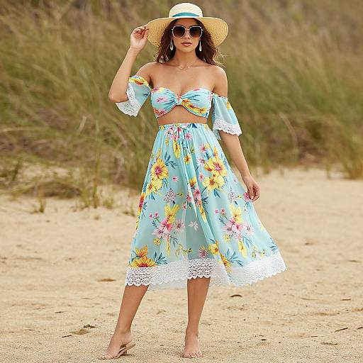 Photograph of a woman in a sunhat, sunglasses, floral off-shoulder dress, and lace trim, standing on a sandy beach with grass